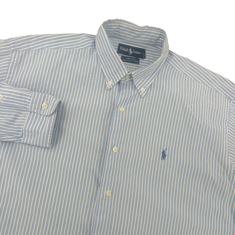 Ralph Lauren Mens Large Blue White Vertical Striped Beach Two-Ply Cotton Shirt